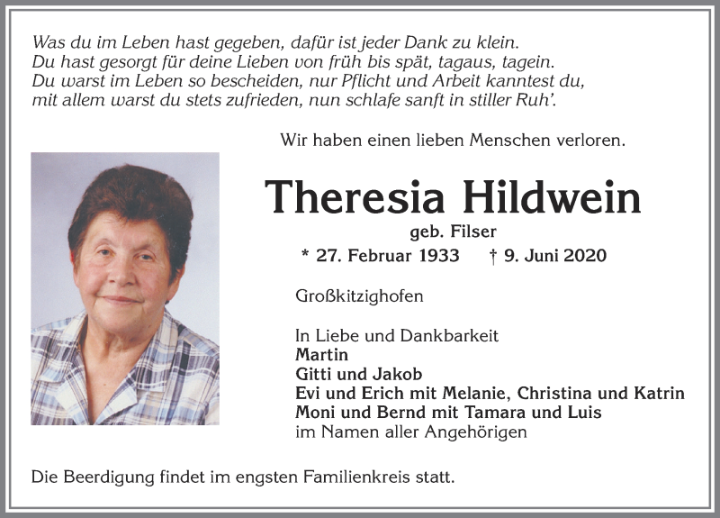 Traueranzeige von Theresia Hildwein von Allgäuer Zeitung, Kaufbeuren/Buchloe