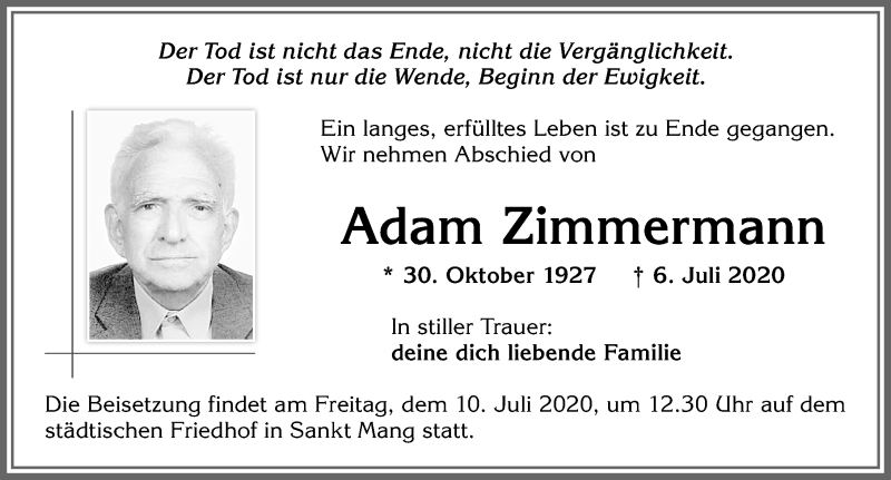 Traueranzeige von Adam Zimmermann von Allgäuer Zeitung,Kempten