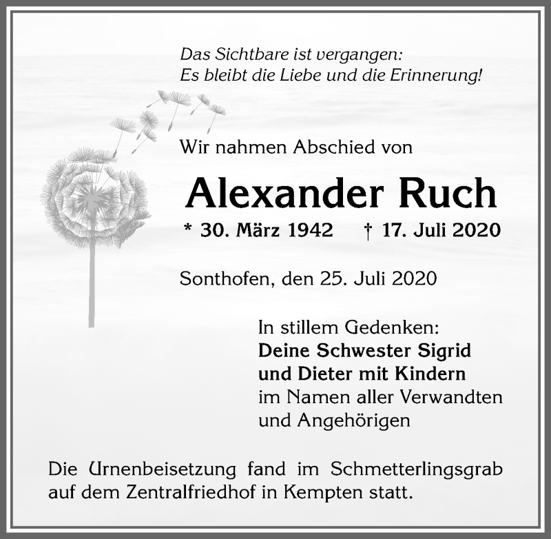 Traueranzeige von Alexander Ruch von Allgäuer Anzeigeblatt