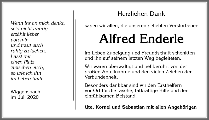 Traueranzeige von Alfred Enderle von Allgäuer Zeitung,Kempten