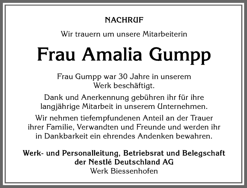 Traueranzeige von Amalia Gumpp von Allgäuer Zeitung