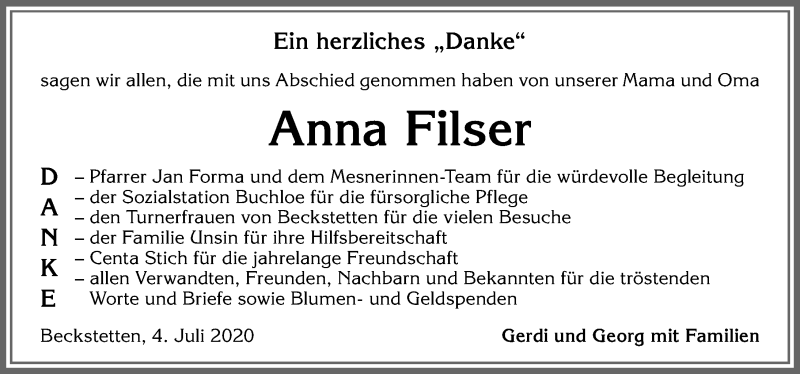 Traueranzeige von Anna Filser von Allgäuer Zeitung, Kaufbeuren/Buchloe