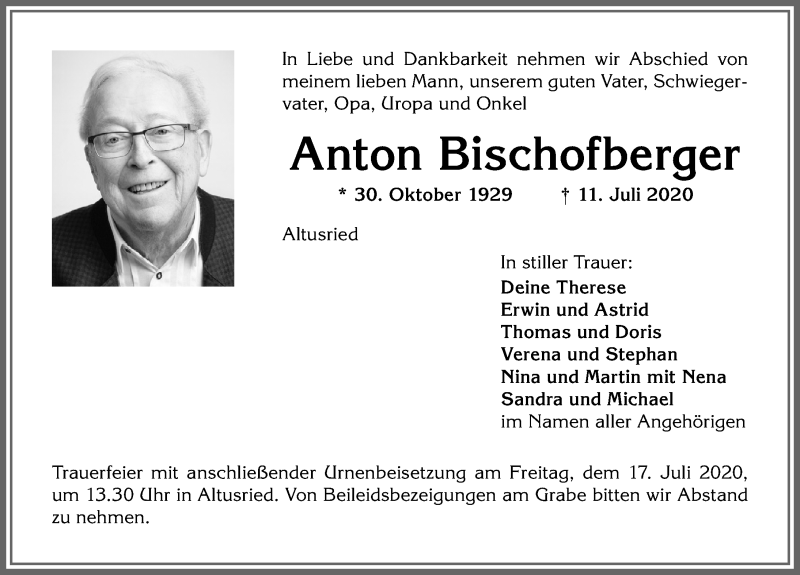 Traueranzeige von Anton Bischofberger von Allgäuer Zeitung,Kempten