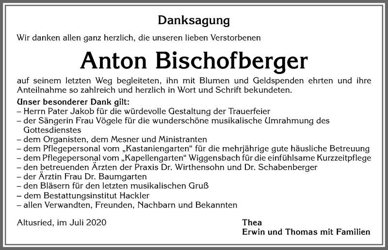 Traueranzeige von Anton Bischofberger von Allgäuer Zeitung,Kempten