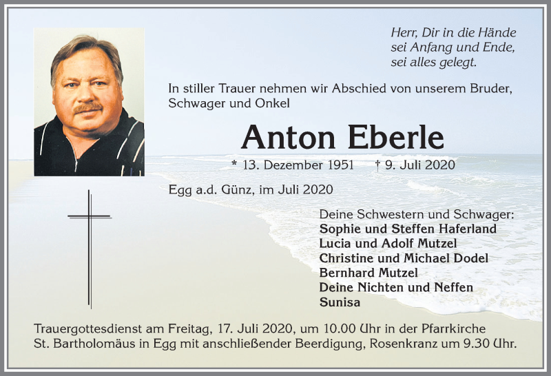 Traueranzeige von Anton Eberle von Memminger Zeitung