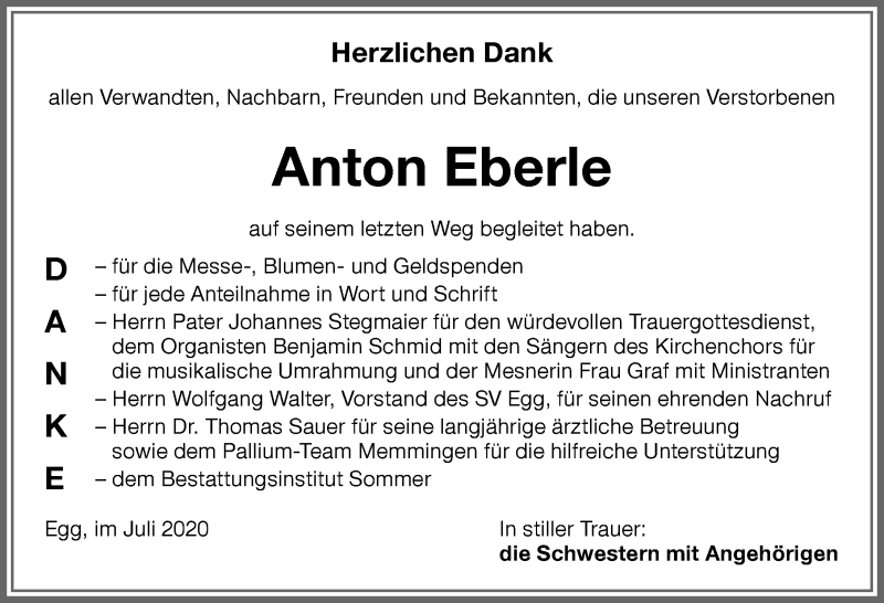 Traueranzeige von Anton Eberle von Memminger Zeitung