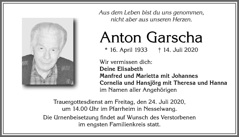 Traueranzeige von Anton Garscha von Allgäuer Zeitung, Füssen