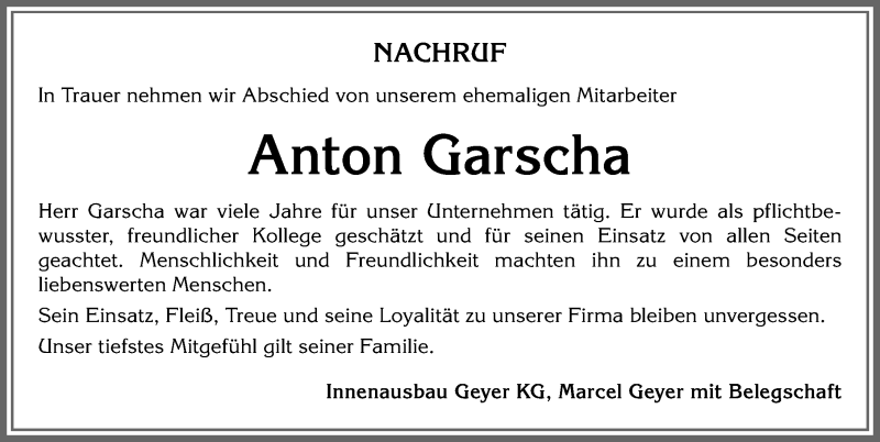 Traueranzeige von Anton Garscha von Allgäuer Zeitung, Füssen