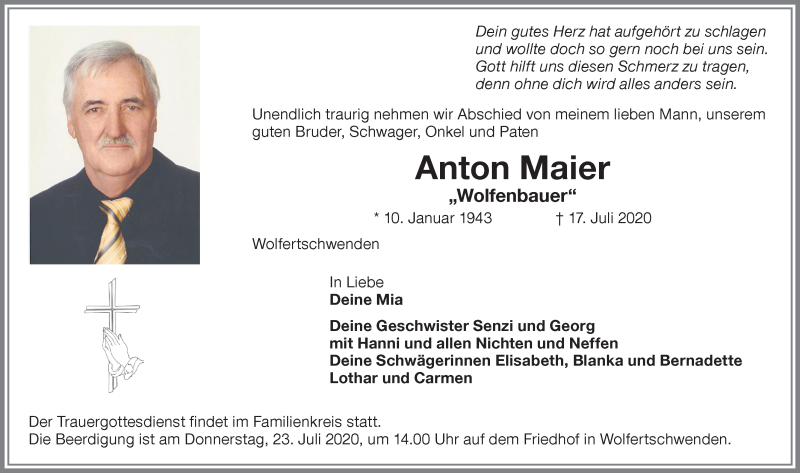 Traueranzeige von Anton Maier von Memminger Zeitung