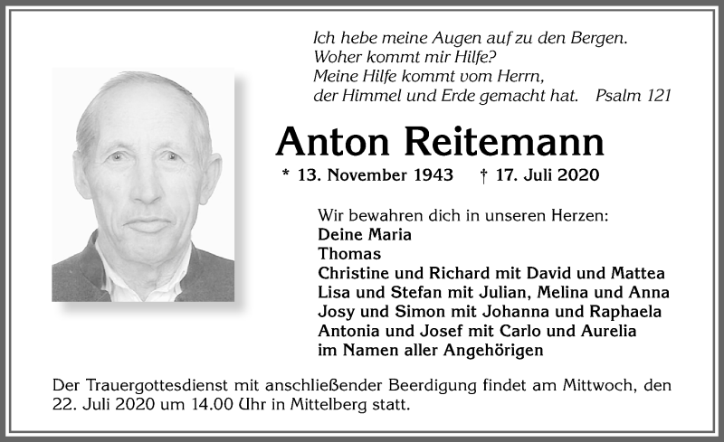 Traueranzeige von Anton Reitemann von Allgäuer Zeitung,Kempten