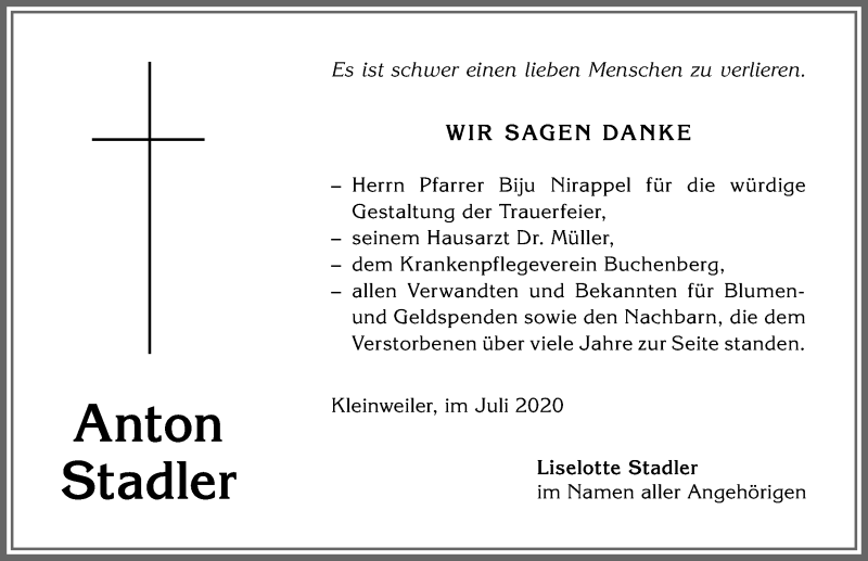 Traueranzeige von Anton Stadler von Allgäuer Anzeigeblatt