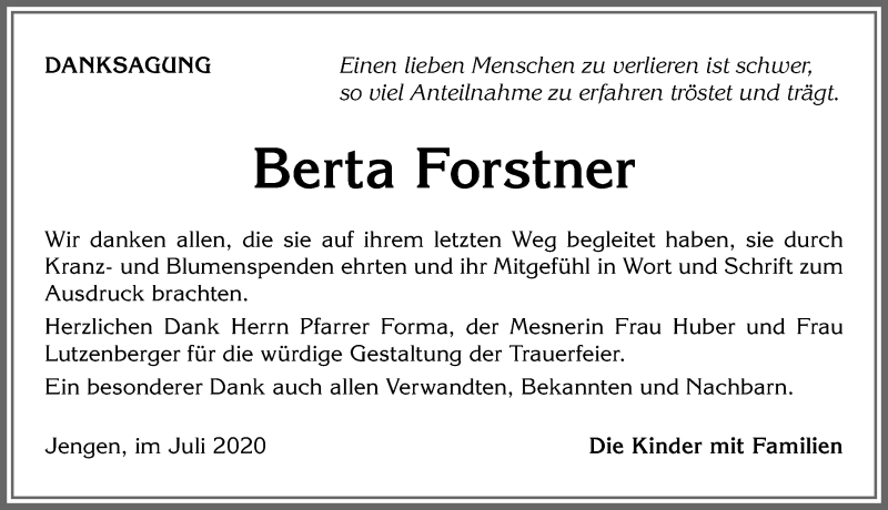 Traueranzeige von Berta Forstner von Allgäuer Zeitung, Kaufbeuren/Buchloe