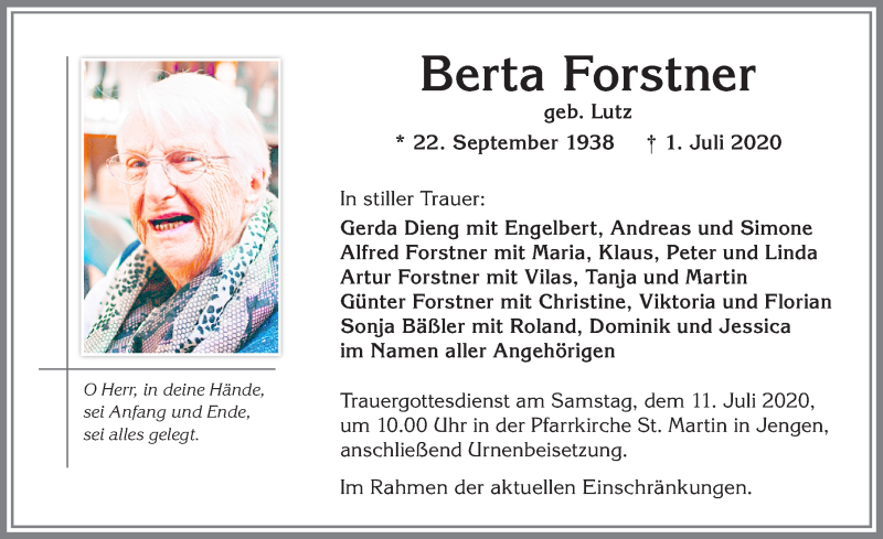 Traueranzeige von Berta Forstner von Allgäuer Zeitung, Kaufbeuren/Buchloe