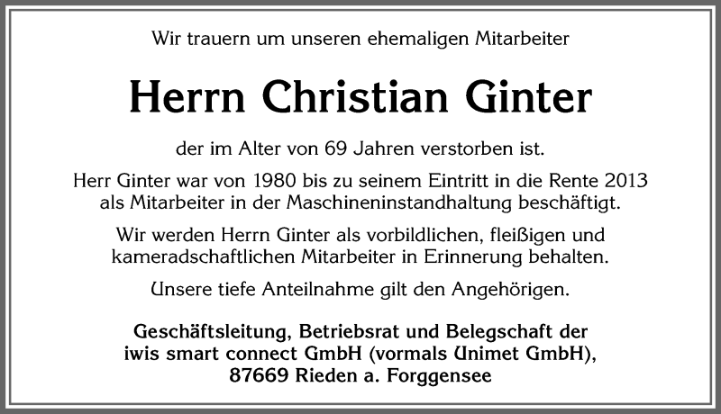Traueranzeige von Christian Ginter von Allgäuer Zeitung, Füssen