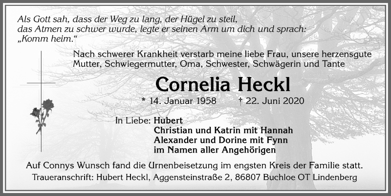 Traueranzeige von Cornelia Heckl von Allgäuer Zeitung, Kaufbeuren/Buchloe