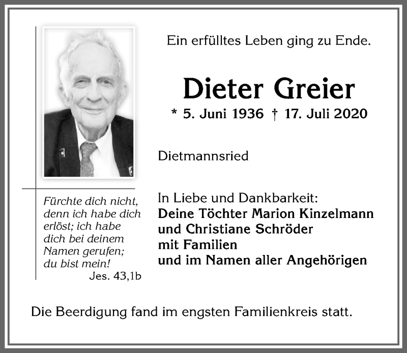 Traueranzeige von Dieter Greier von Allgäuer Zeitung,Kempten