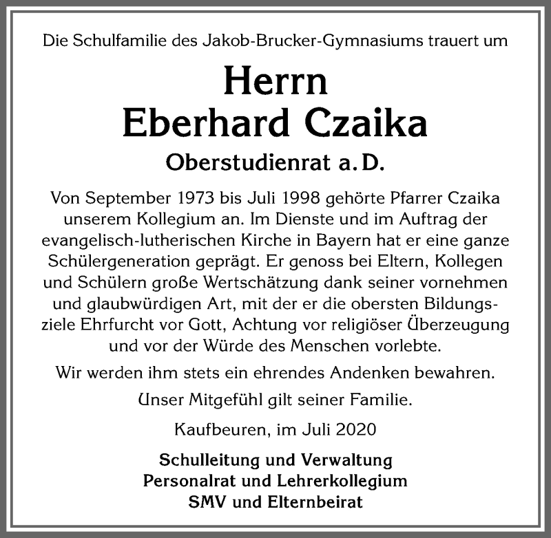 Traueranzeige von Eberhard Czaika von Allgäuer Zeitung, Kaufbeuren/Buchloe