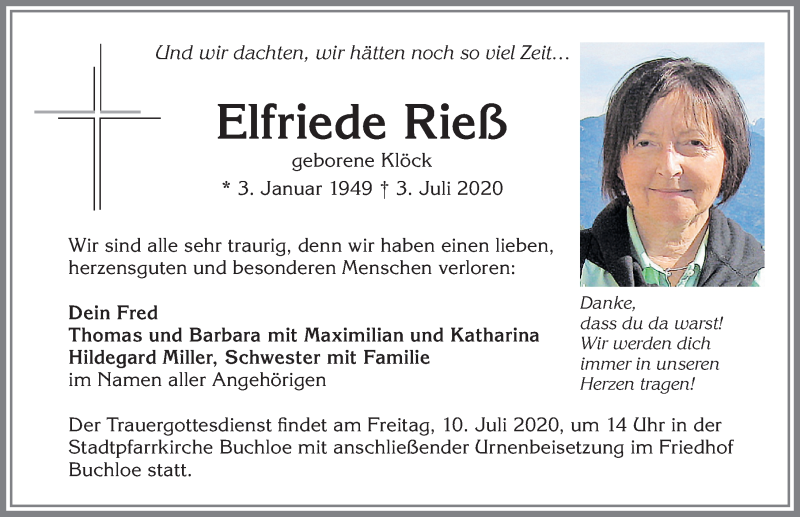 Traueranzeige von Elfriede Rieß von Allgäuer Zeitung, Kaufbeuren/Buchloe