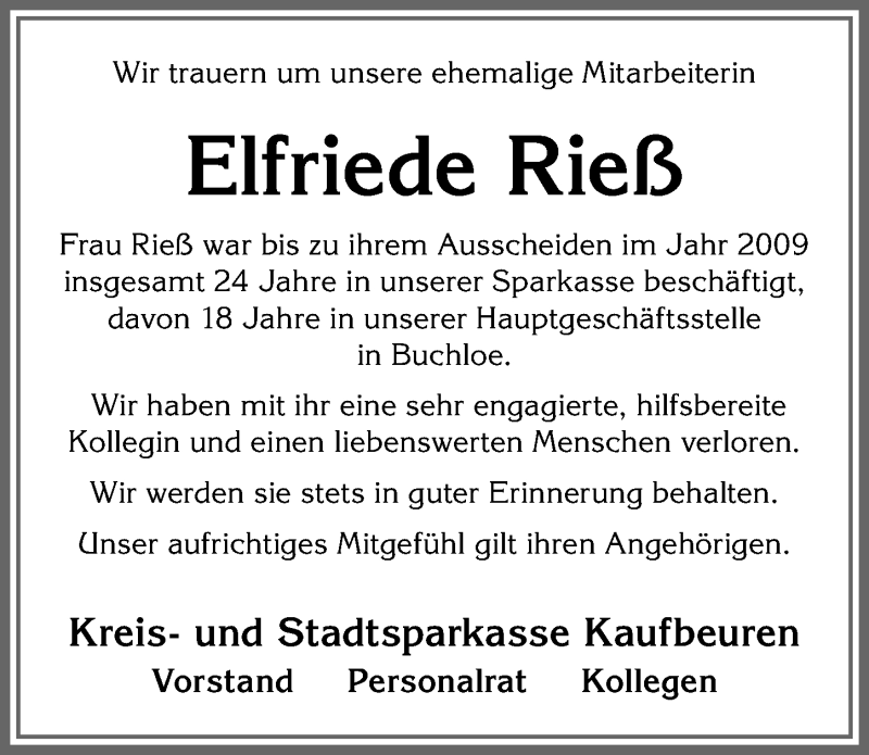 Traueranzeige von Elfriede Rieß von Allgäuer Zeitung, Kaufbeuren/Buchloe