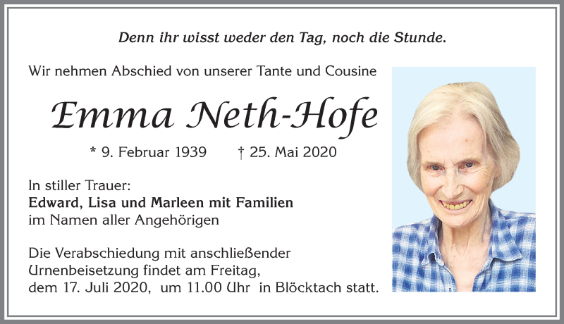 Traueranzeige von Emma Neth-Hofe von Allgäuer Zeitung, Kaufbeuren/Buchloe