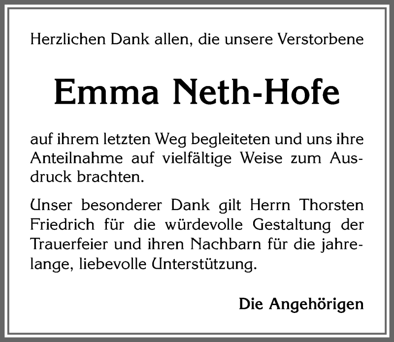 Traueranzeige von Emma Neth-Hofe von Allgäuer Zeitung, Kaufbeuren/Buchloe