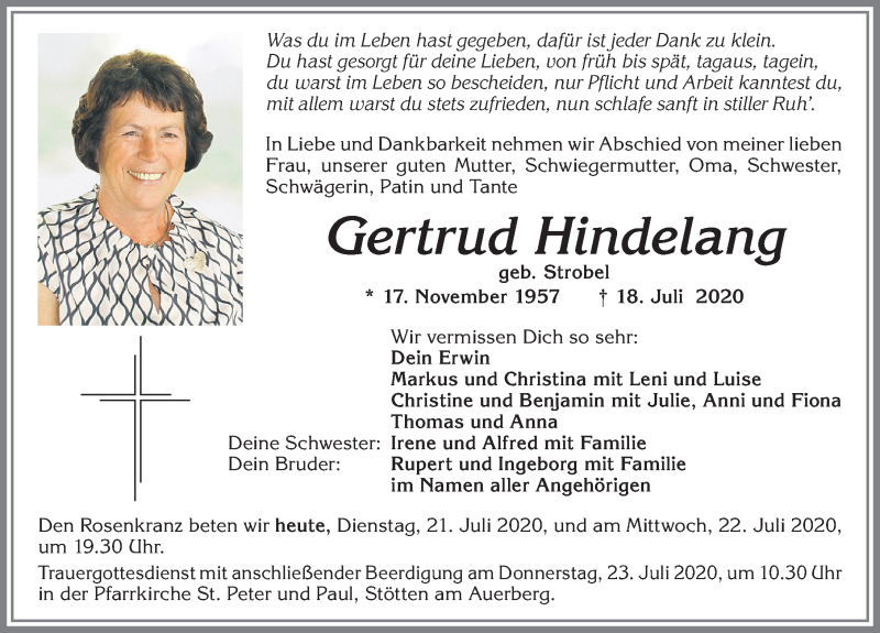 Traueranzeige von Gertrud Hindelang von Allgäuer Zeitung, Marktoberdorf
