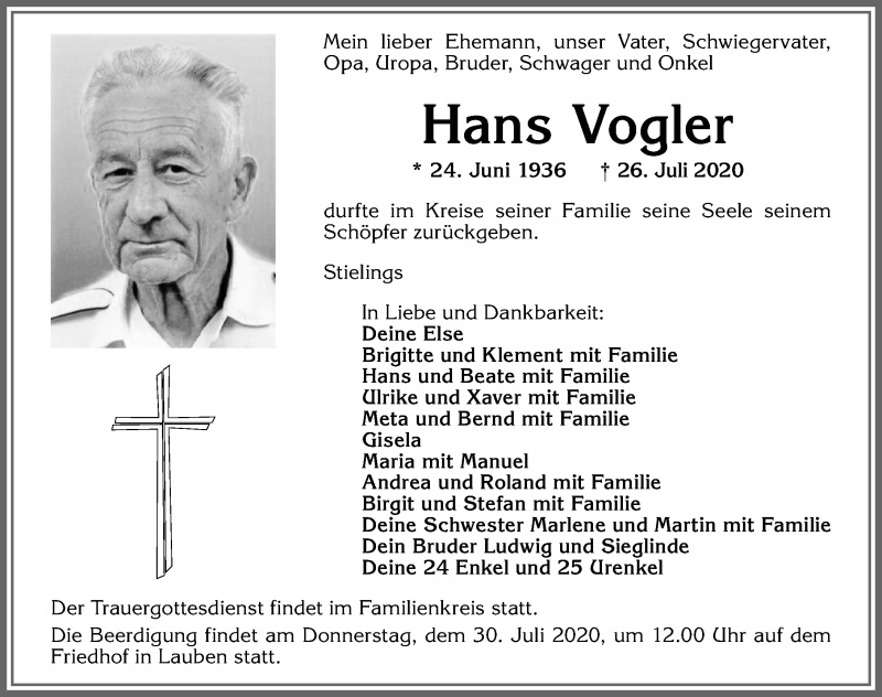 Traueranzeige von Hans Vogler von Allgäuer Zeitung,Kempten
