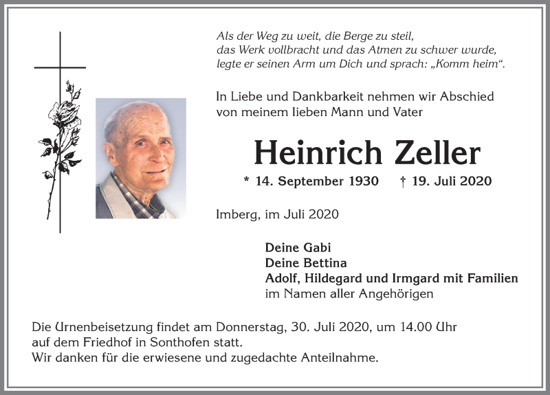 Traueranzeige von Heinrich Zeller von Allgäuer Anzeigeblatt