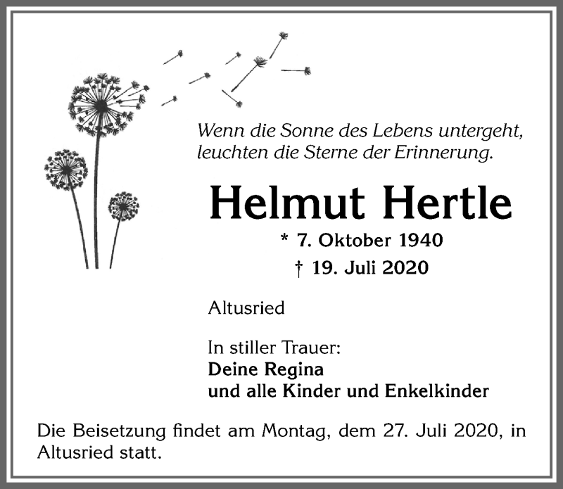 Traueranzeige von Helmut Hertle von Allgäuer Zeitung,Kempten