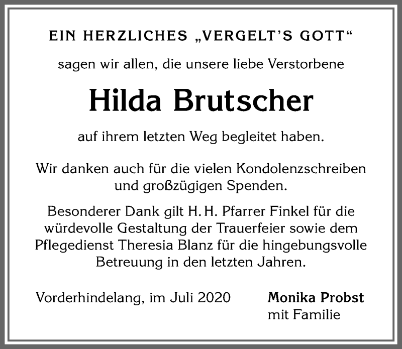 Traueranzeige von Hilda Brutscher von Allgäuer Anzeigeblatt