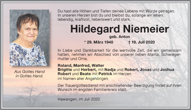 Traueranzeige von Hildegard Niemeier von Memminger Zeitung