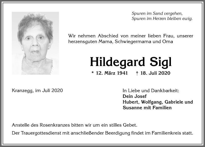 Traueranzeige von Hildegard Sigl von Allgäuer Anzeigeblatt