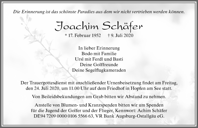 Traueranzeige von Joachim Schäfer von Allgäuer Zeitung, Füssen