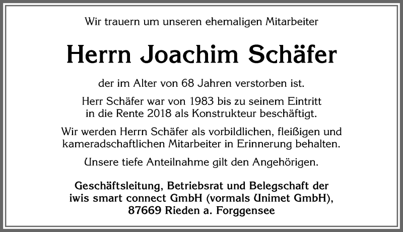 Traueranzeige von Joachim Schäfer von Allgäuer Zeitung, Füssen