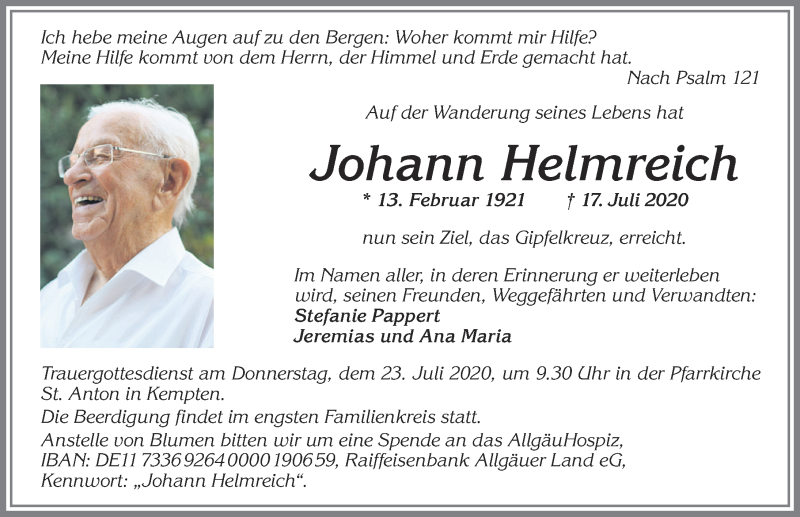 Traueranzeige von Johann Helmreich von Allgäuer Zeitung,Kempten