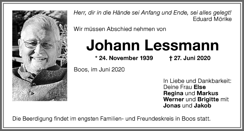 Traueranzeige von Johann Lessmann von Memminger Zeitung