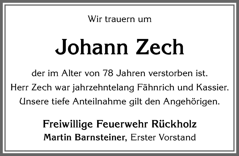 Traueranzeige von Johann Zech von Allgäuer Zeitung, Füssen