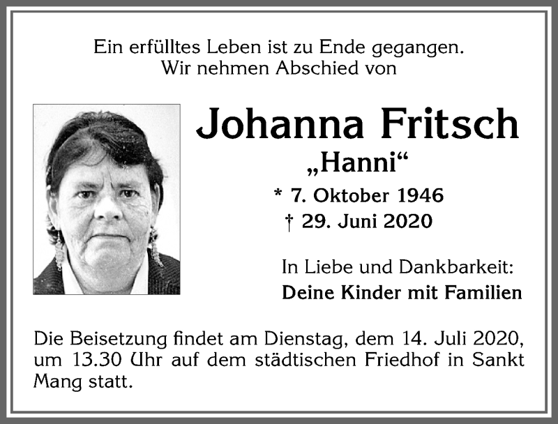 Traueranzeige von Johanna Fritsch von Allgäuer Zeitung,Kempten