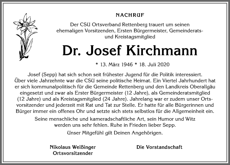 Traueranzeige von Josef Kirchmann von Allgäuer Anzeigeblatt