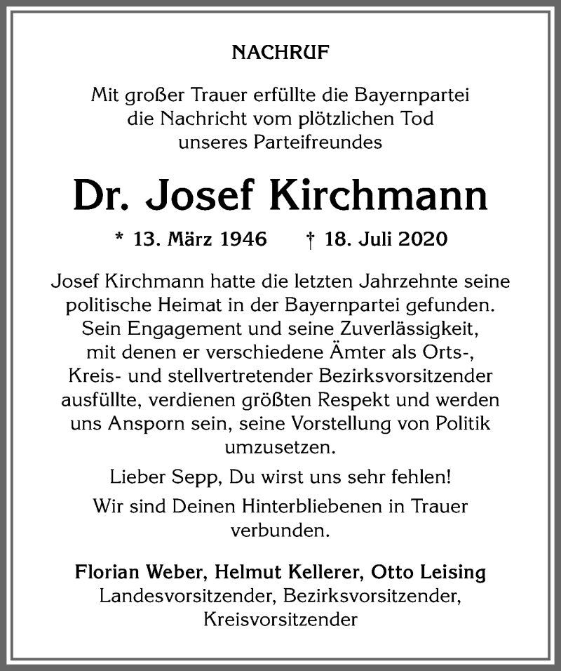 Traueranzeige von Josef Kirchmann von Allgäuer Anzeigeblatt