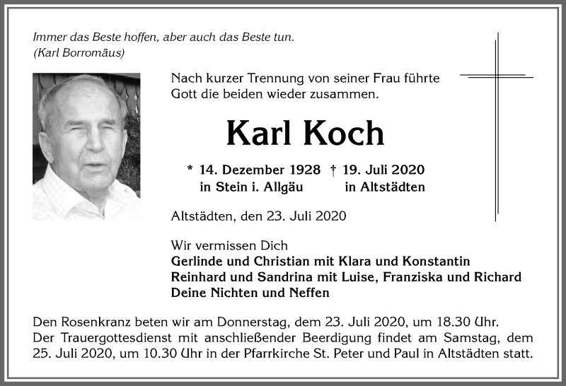 Traueranzeige von Karl Koch von Allgäuer Anzeigeblatt