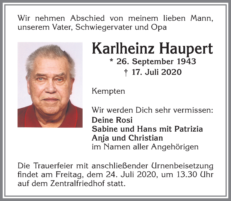 Traueranzeige von Karlheinz Haupert von Allgäuer Zeitung,Kempten