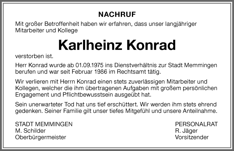 Traueranzeige von Karlheinz Konrad von Memminger Zeitung