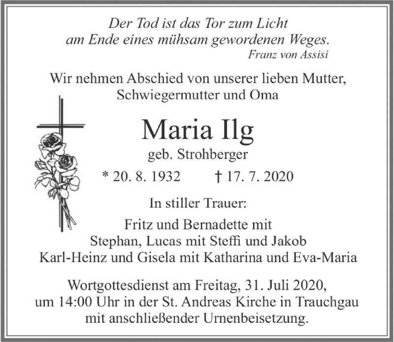 Traueranzeige von Maria Ilg von Allgäuer Zeitung, Füssen
