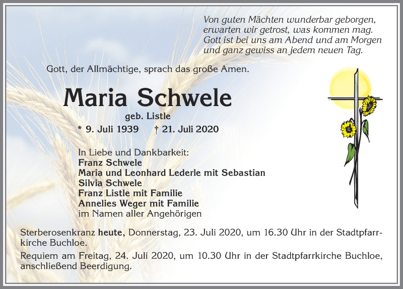 Traueranzeige von Maria Schwele von Allgäuer Zeitung, Kaufbeuren/Buchloe