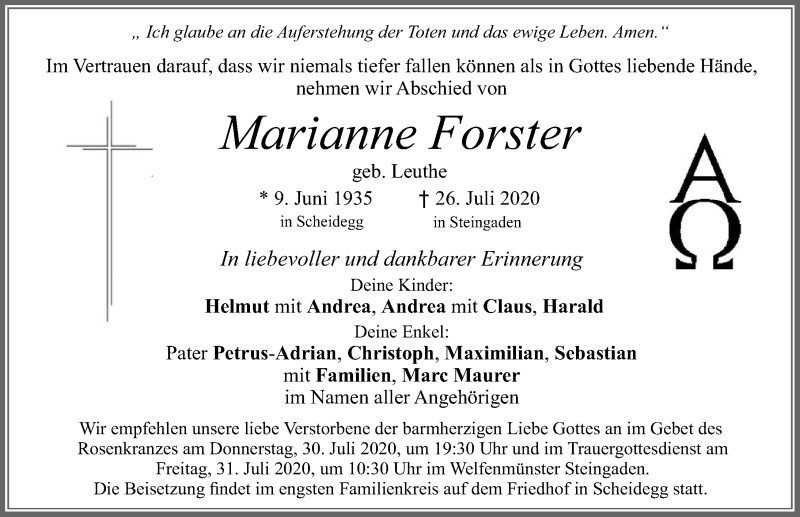 Traueranzeige von Marianne Forster von Allgäuer Zeitung