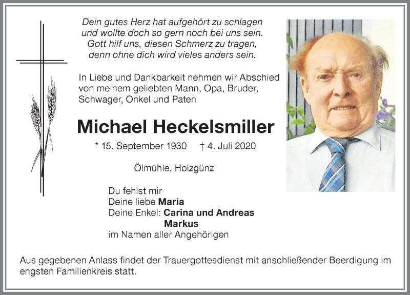 Traueranzeige von Michael Heckelsmiller von Memminger Zeitung