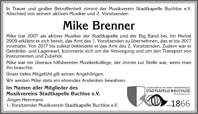 Traueranzeige von Mike Brenner von Allgäuer Zeitung, Kaufbeuren/Buchloe