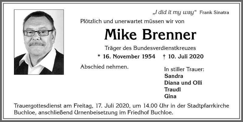 Traueranzeige von Mike Brenner von Allgäuer Zeitung, Kaufbeuren/Buchloe