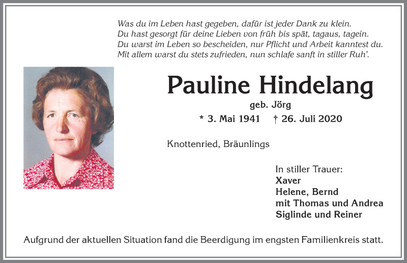 Traueranzeige von Pauline Hindelang von Allgäuer Anzeigeblatt